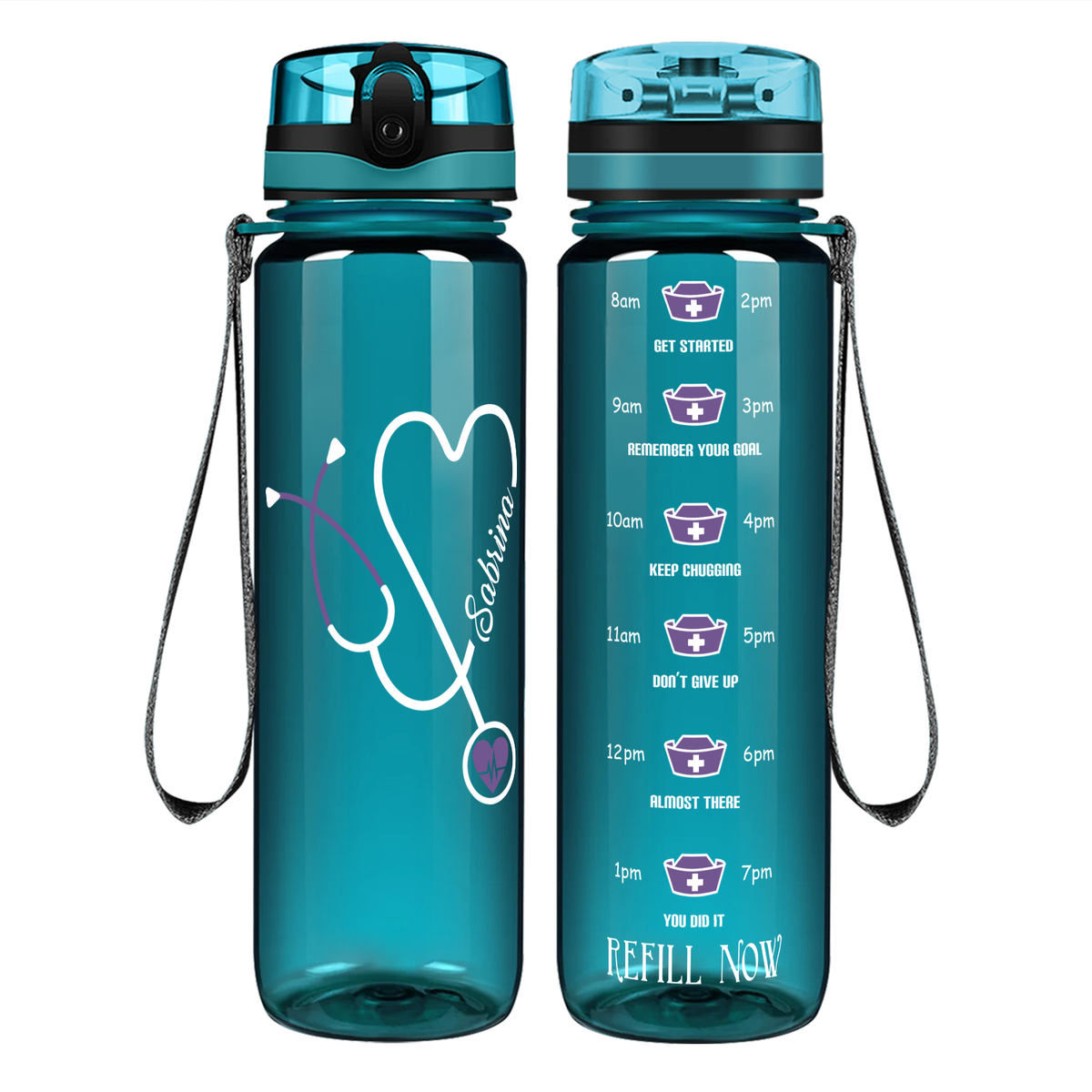 Personalized Nurse Water Bottle Stethoscope Purple 32oz Motivational Tracking Bottle