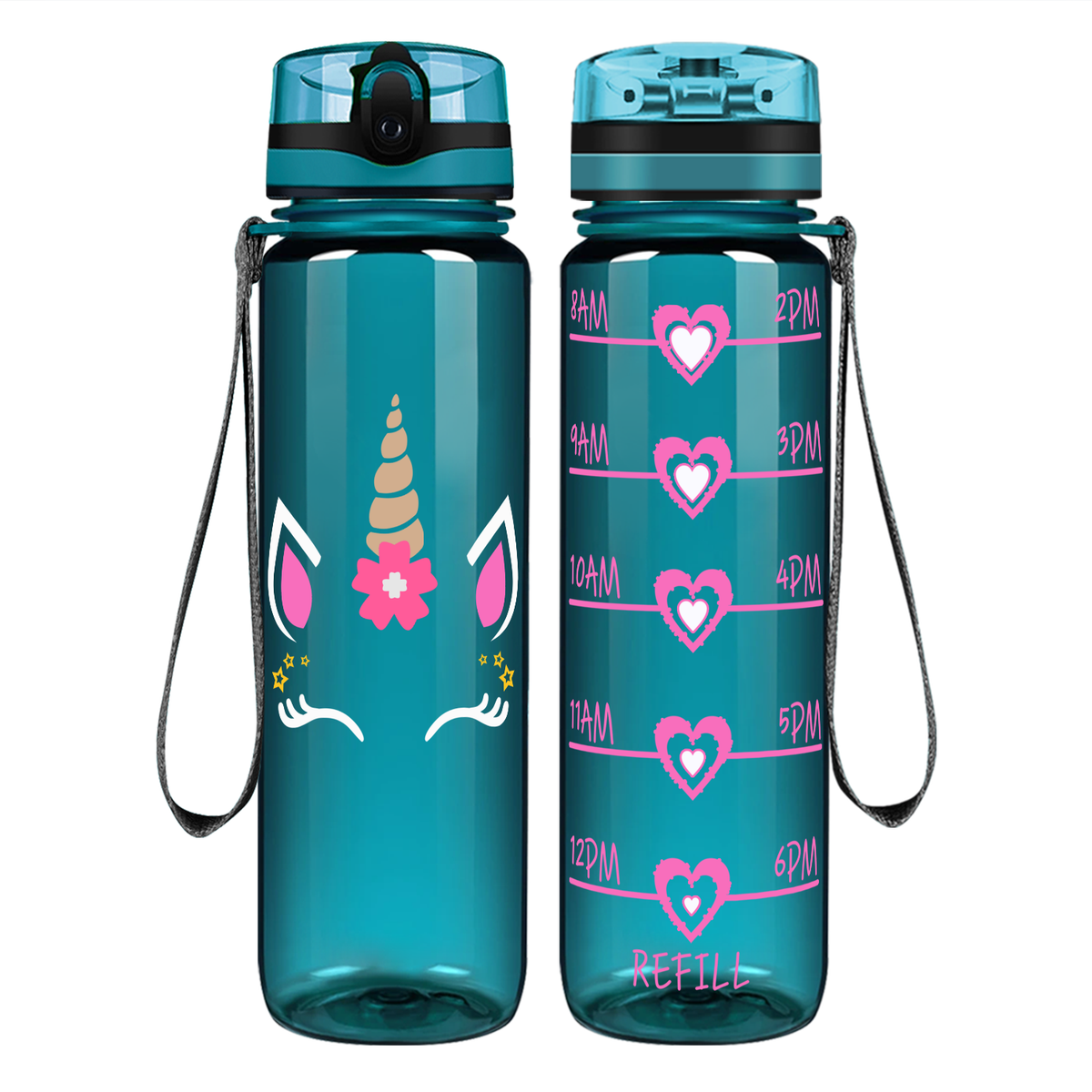 Unicorn Pink Face on 32 oz Motivational Tracking Water Bottle