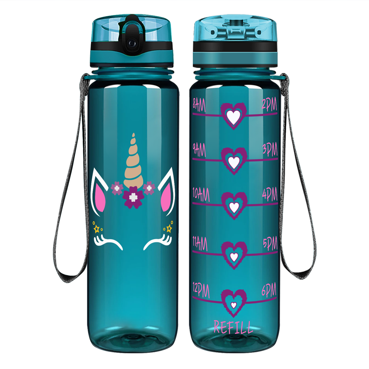 Unicorn Purple Face on 32 oz Motivational Tracking Water Bottle