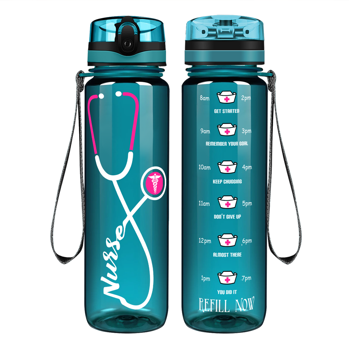 Personalized Nurse Pink Stethoscope on 32oz Motivational Tracking Water Bottle