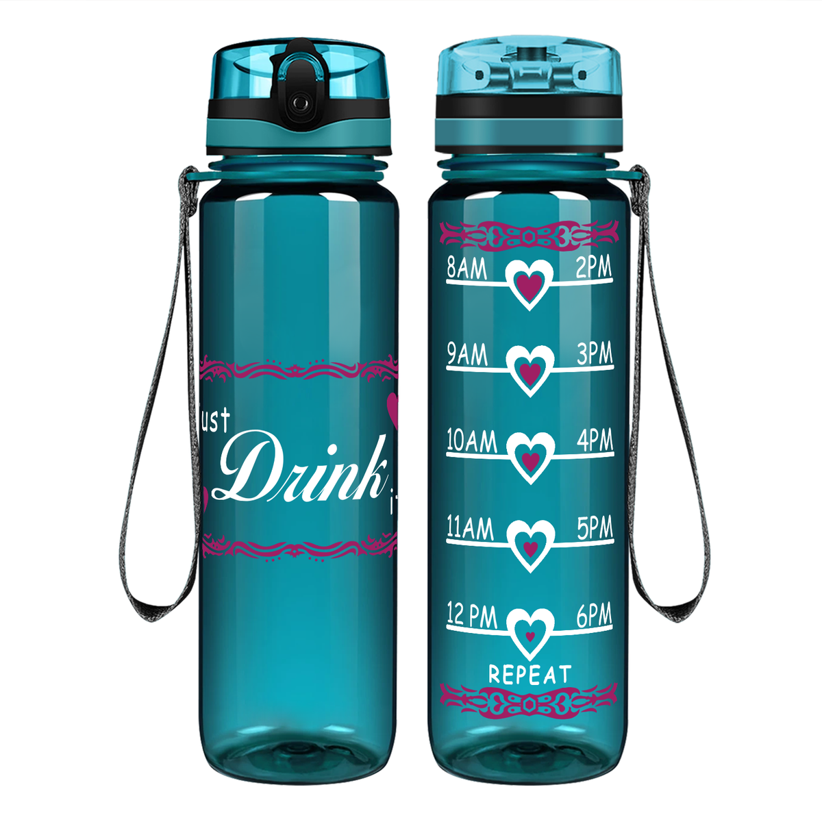 Just Drink It Heart on 32 oz Motivational Tracking Water Bottle