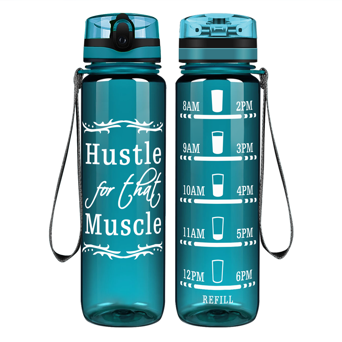 Hustle For That Muscle on 32 oz Motivational Tracking Water Bottle