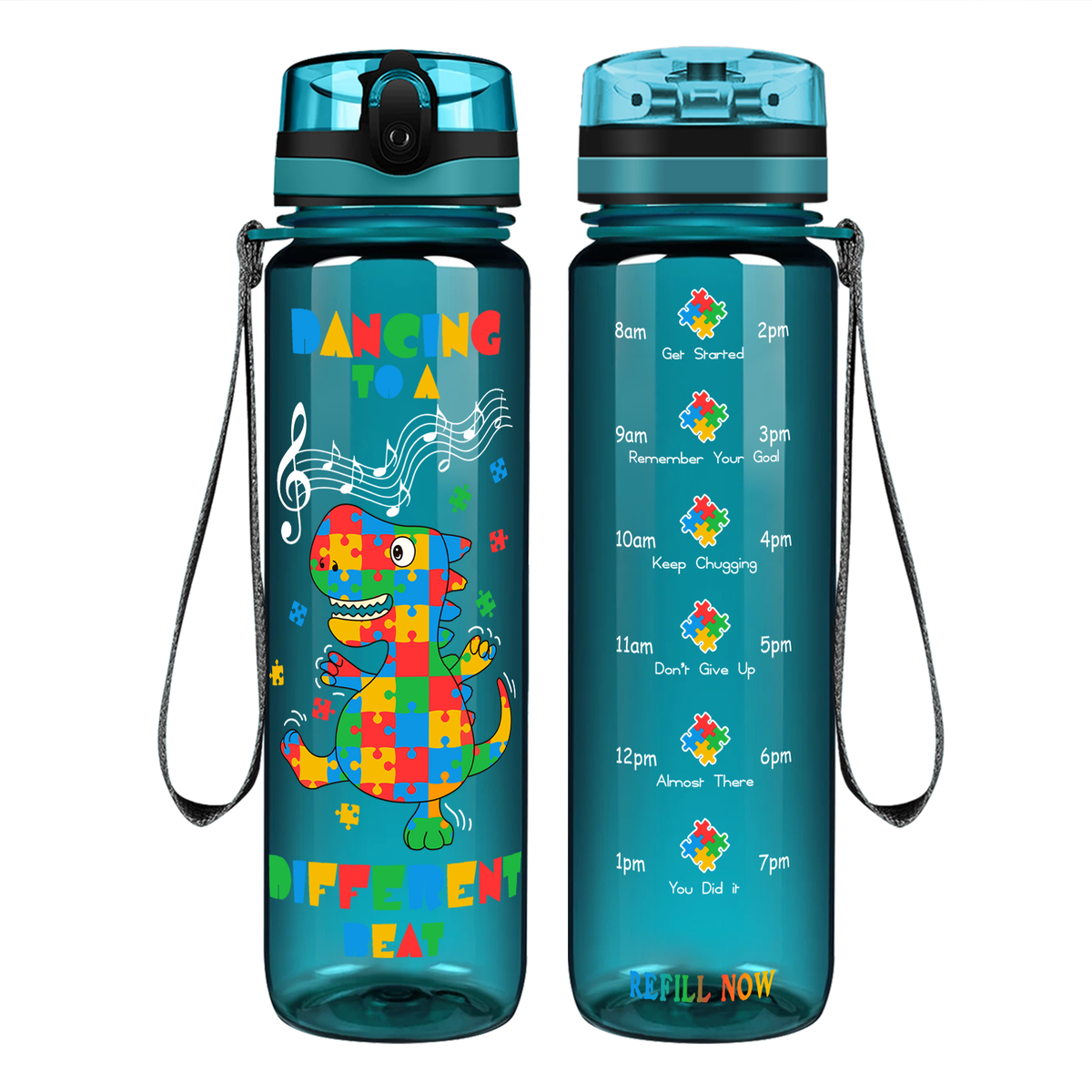 Dancing Dino Different Beat Autism on 32 oz Motivational Tracking Water Bottle