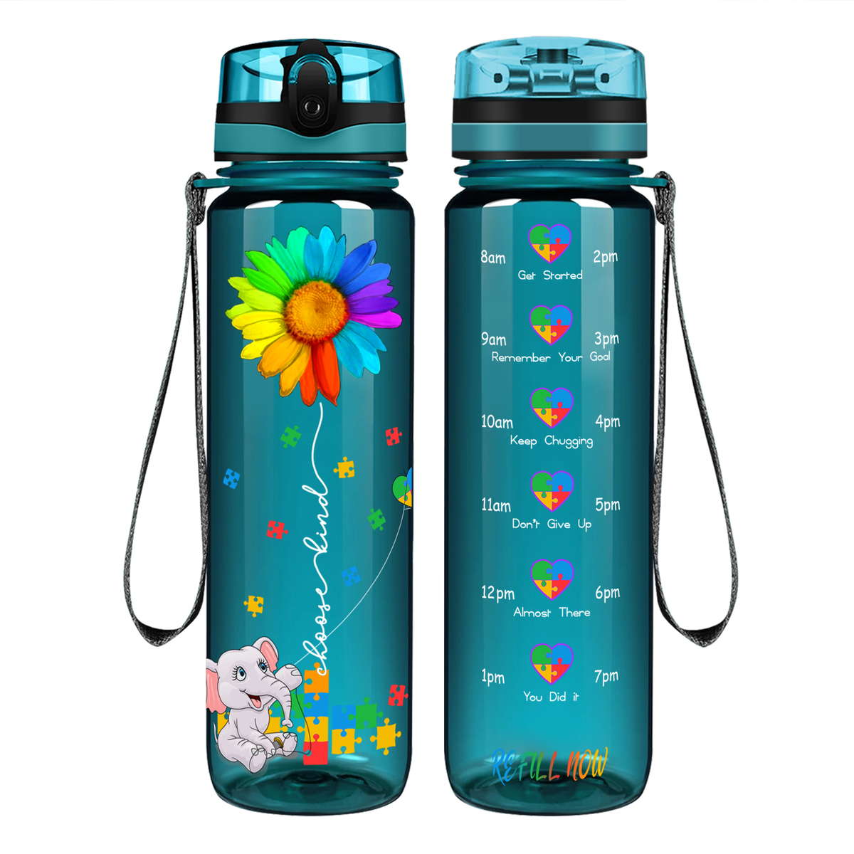 Autism Elephant Kindness Kite on 32 oz Motivational Tracking Water Bottle