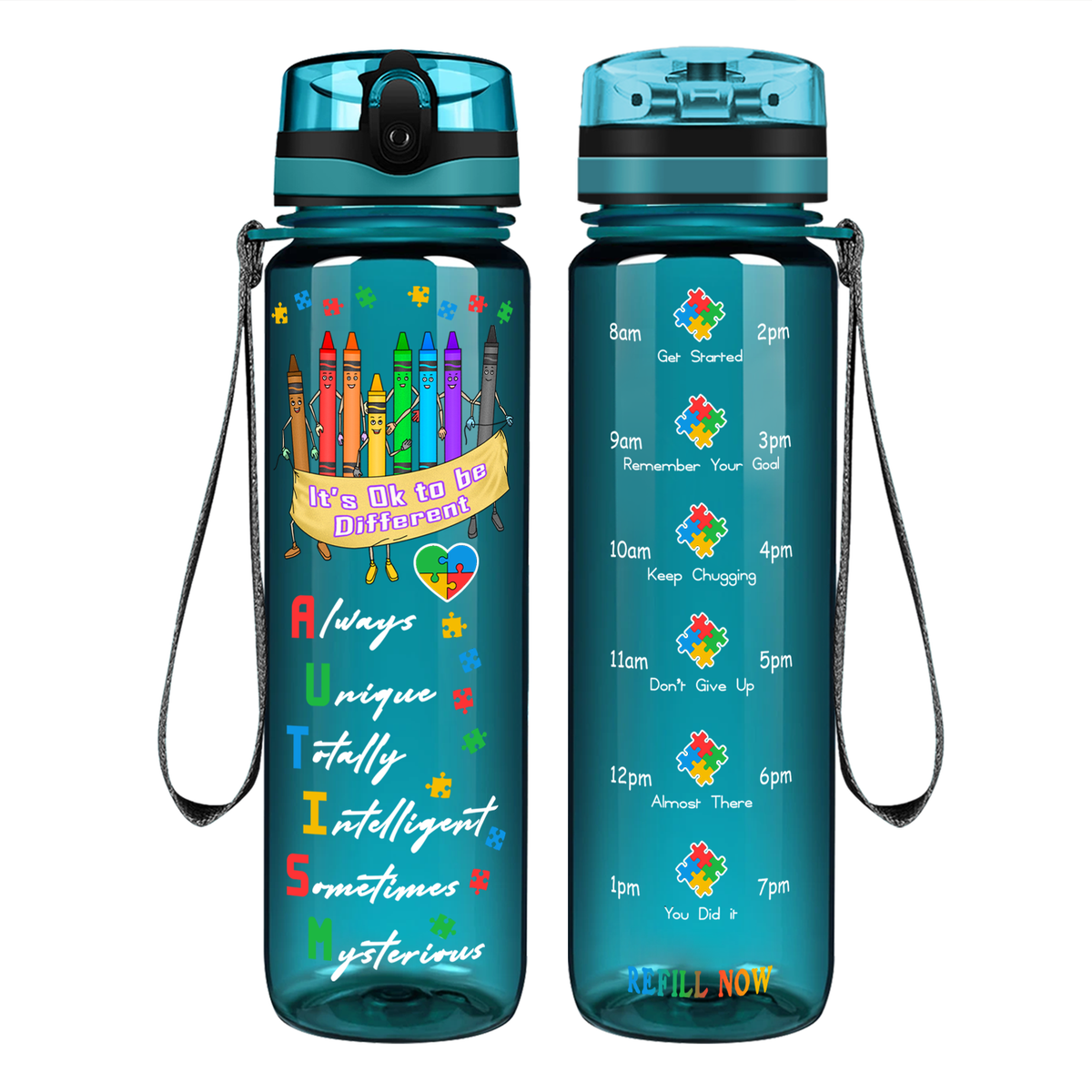 Colorful Autism Crayons on 32 oz Motivational Tracking Water Bottle