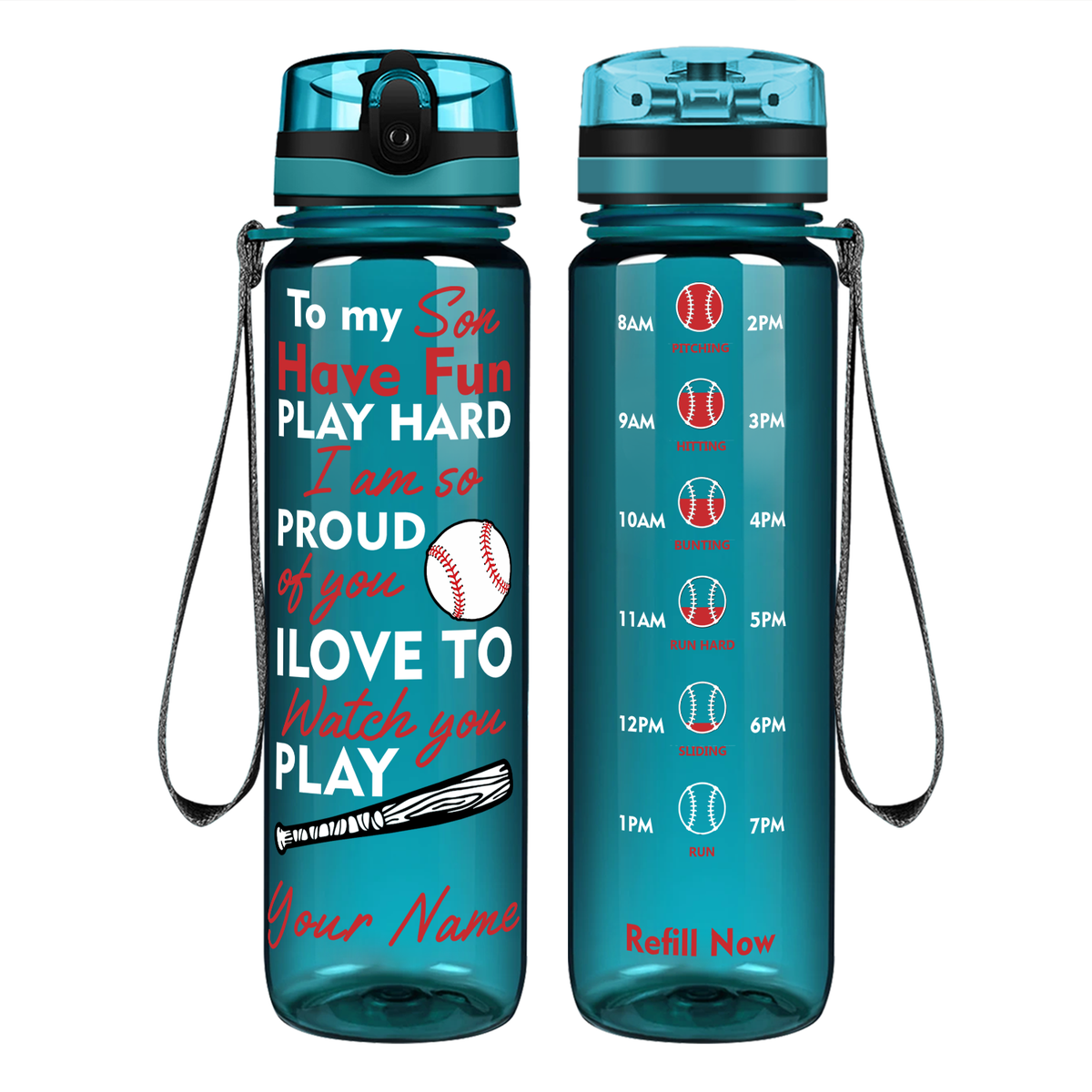Personalized Play Hard Son Baseball on 32 oz Motivational Tracking Water Bottle