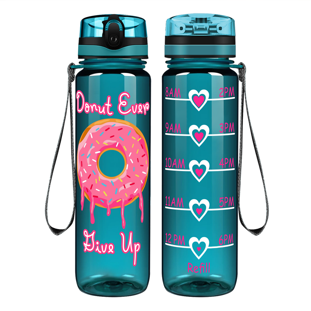 Donut Ever Give Up on 32 oz Motivational Tracking Water Bottle