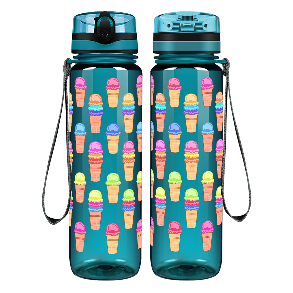 Colorful Ice Cream Cones on 32 oz Motivational Tracking Water Bottle