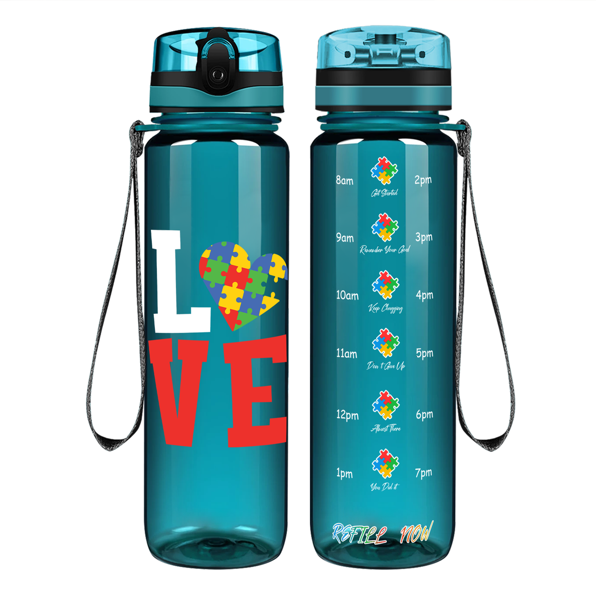 Autism Love on 32 oz Motivational Tracking Water Bottle