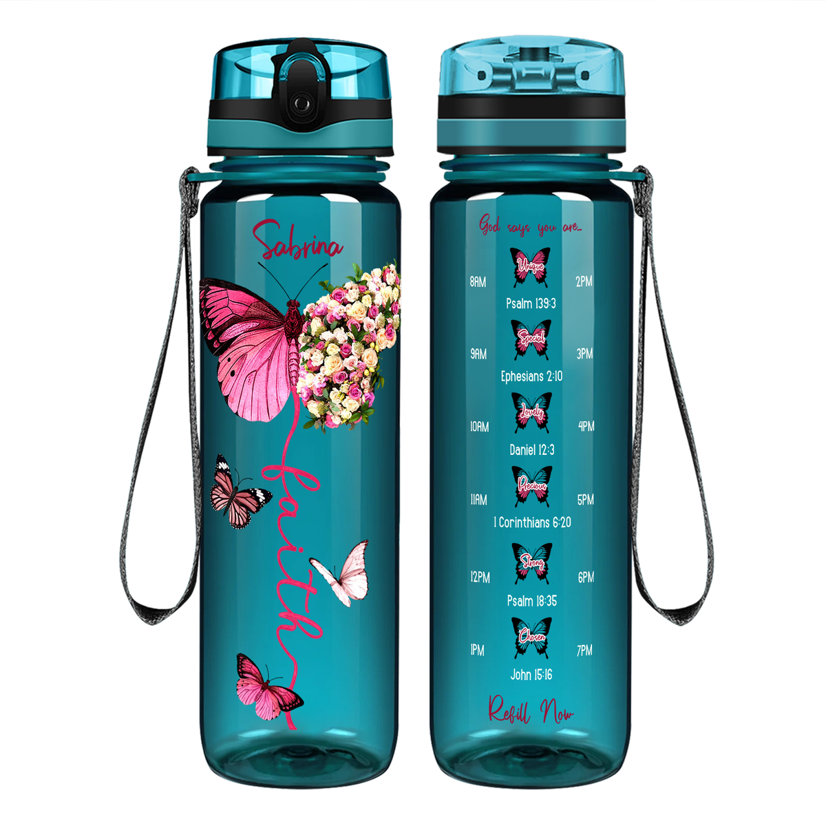 Personalized Faith Inspirational Pink Butterfly on 32 oz Motivational Tracking Water Bottle