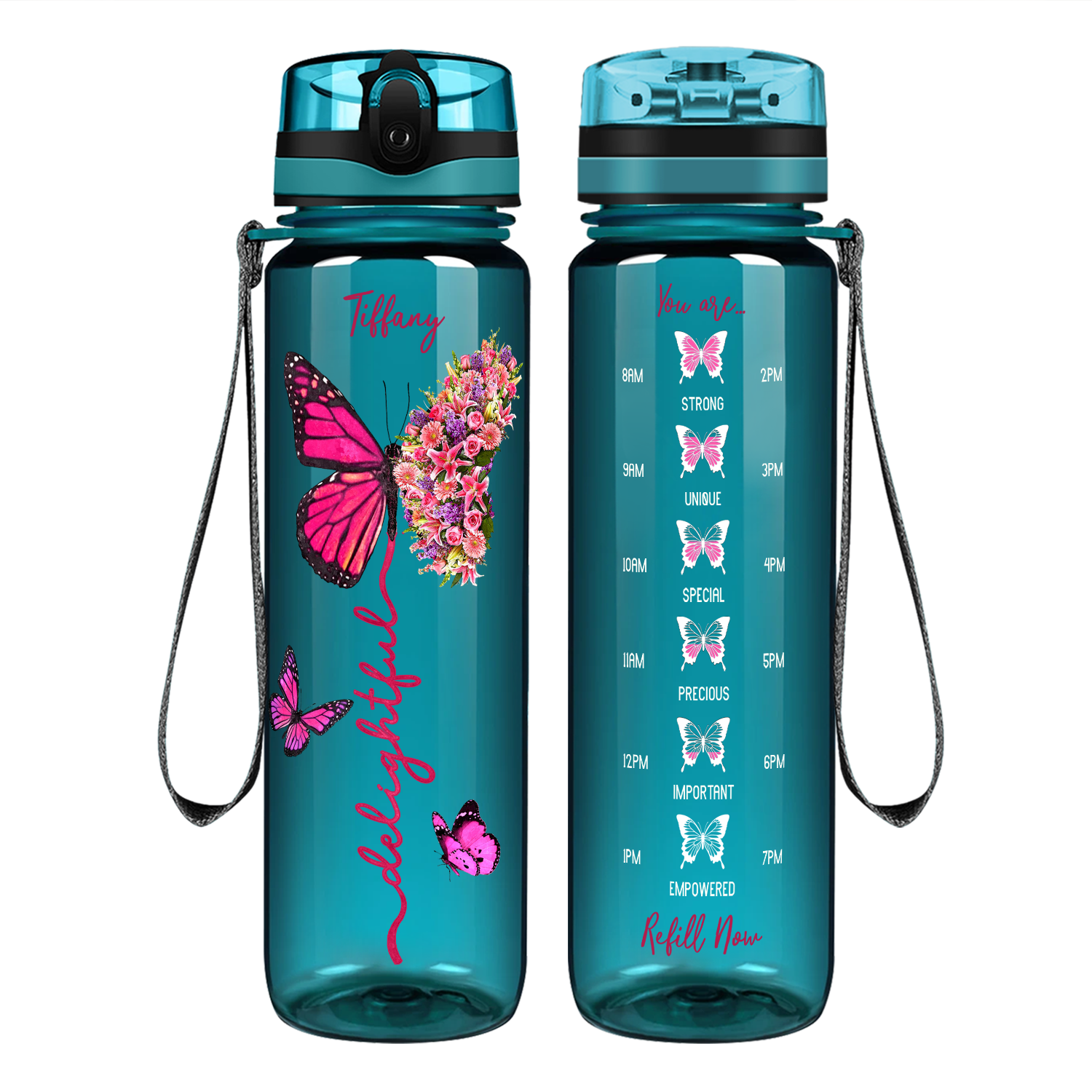 Personalized Delightful Inspirational Pink Butterfly on 32 oz Motivational Tracking Water Bottle