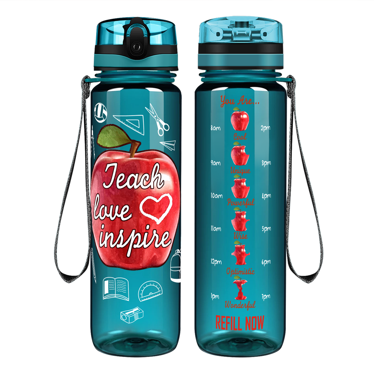 Teach Love Inspire Apple on 32 oz Motivational Tracking Water Bottle