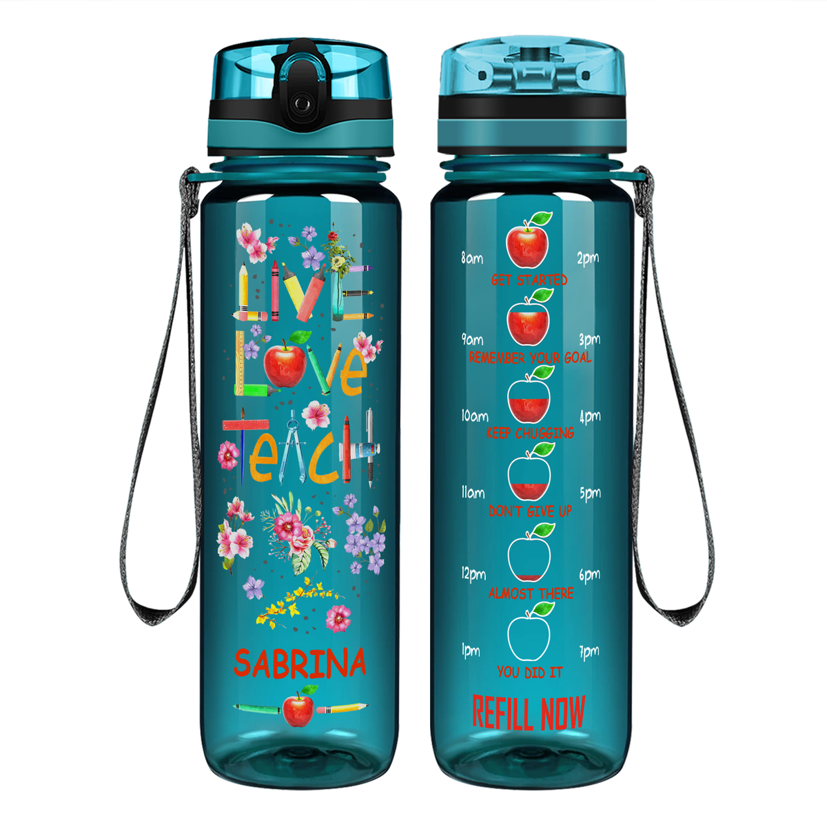 Personalized Live Love Teach on 32 oz Motivational Tracking Water Bottle