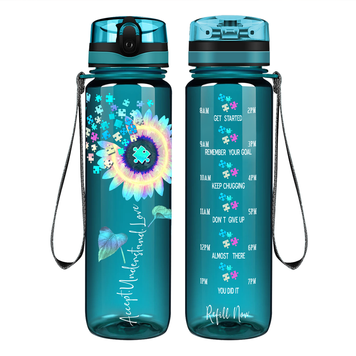 Accept Understand Love Autism Sunflower 32 oz Motivational Tracking Water Bottle