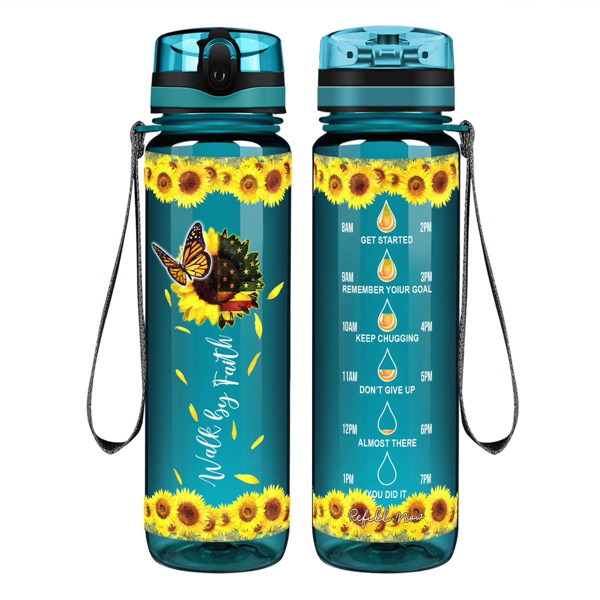 Walk by Faith American Sunflower on 32 oz Motivational Tracking Water Bottle