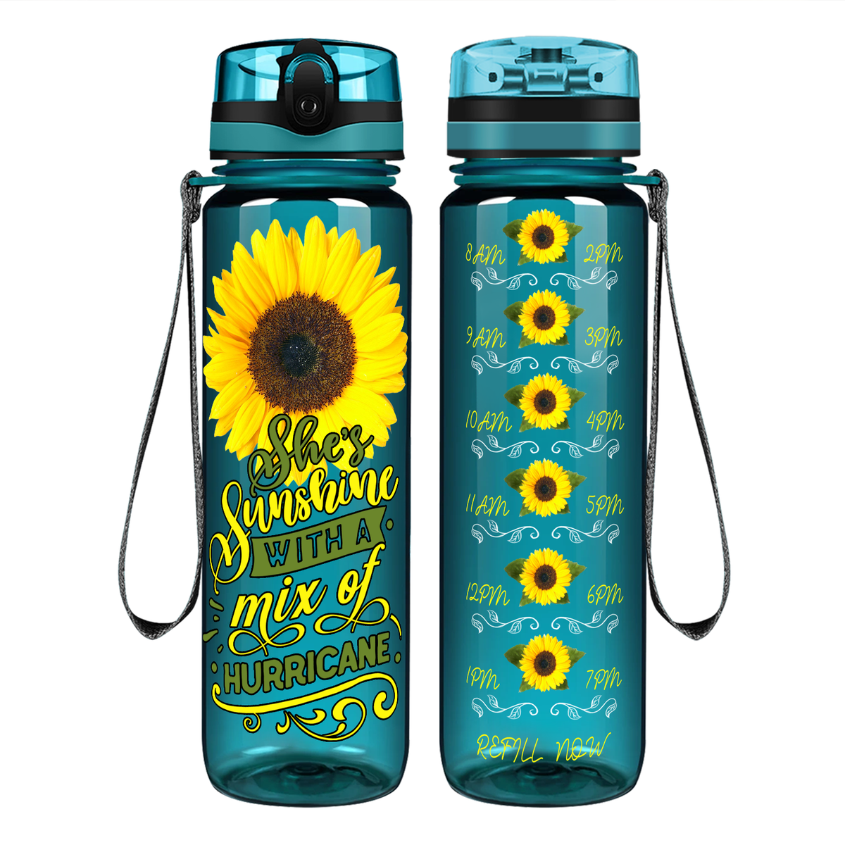 She's Sunshine with a Mix of Hurricane on 32 oz Motivational Tracking Sunflowers Water Bottle