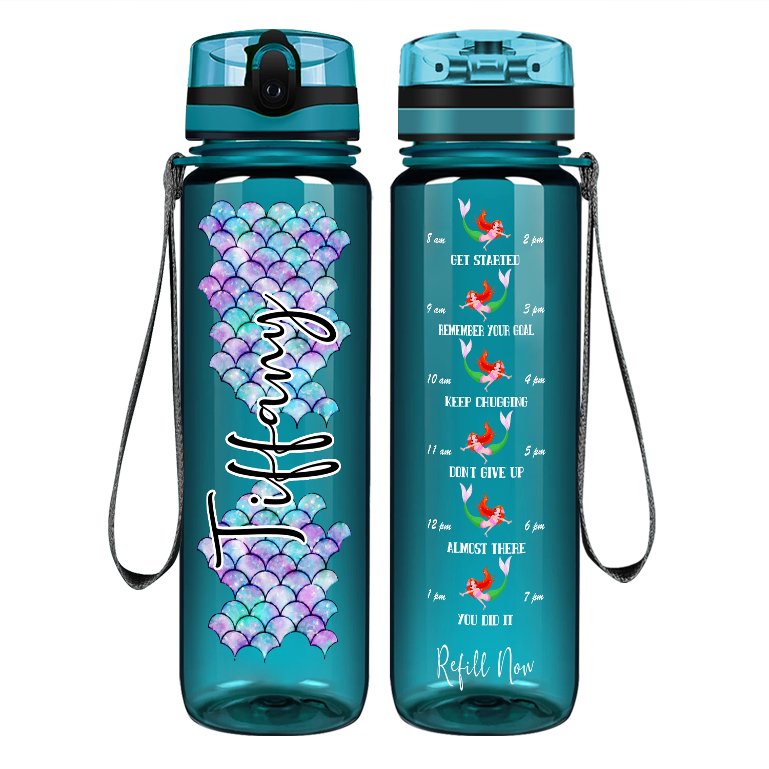 Personalized Mermaid Scales on 32 oz Motivational Tracking Water Bottle