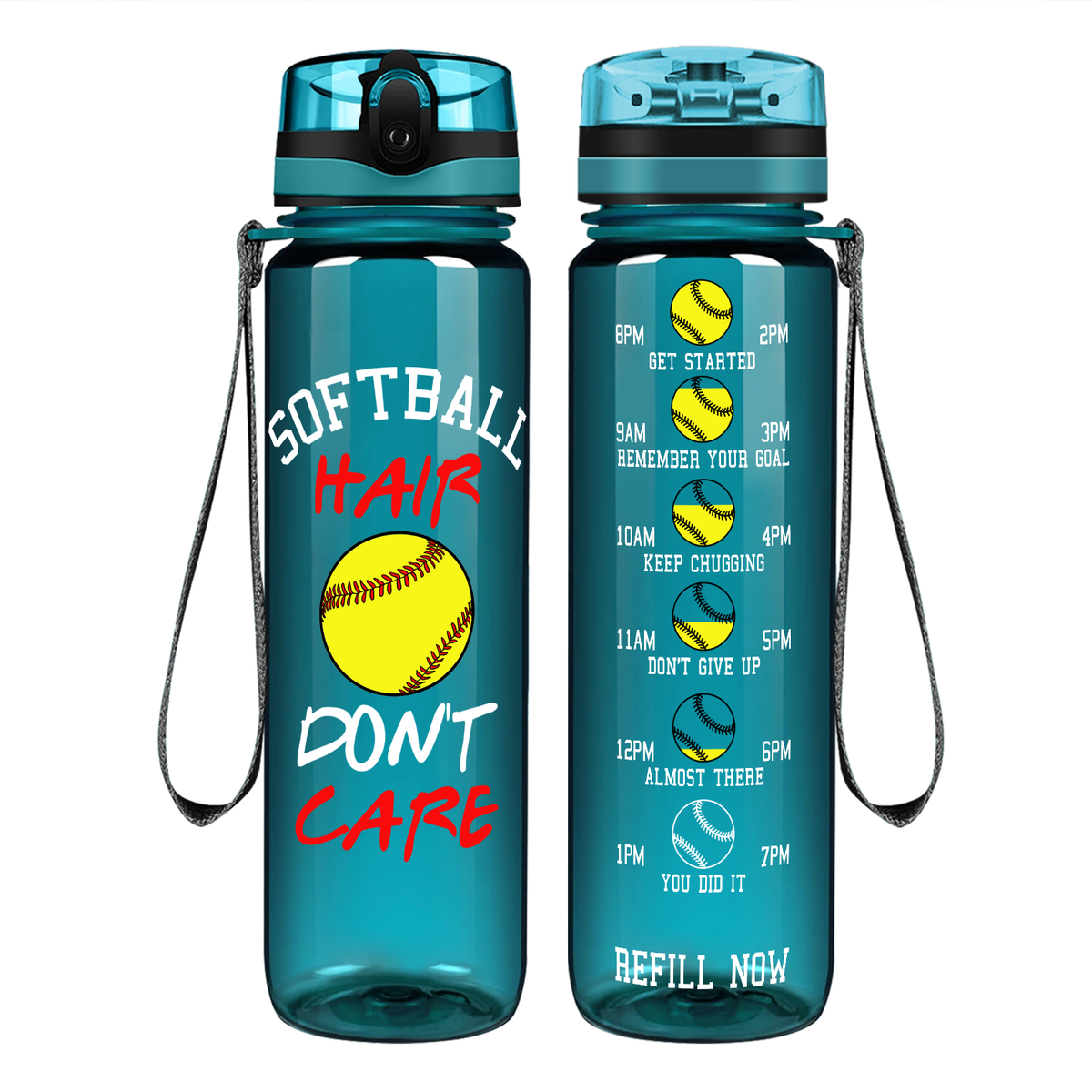 Softball Hair Don't Care on 32 oz Motivational Tracking Water Bottle