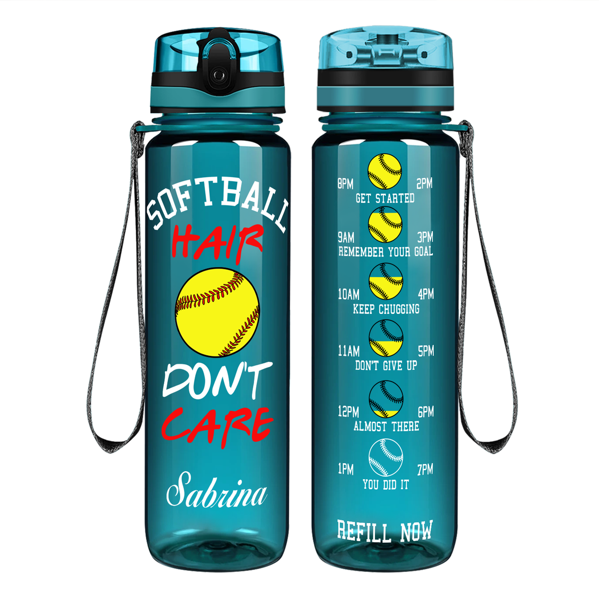 Personalized Softball Hair Don't Care on 32 oz Motivational Tracking Water Bottle