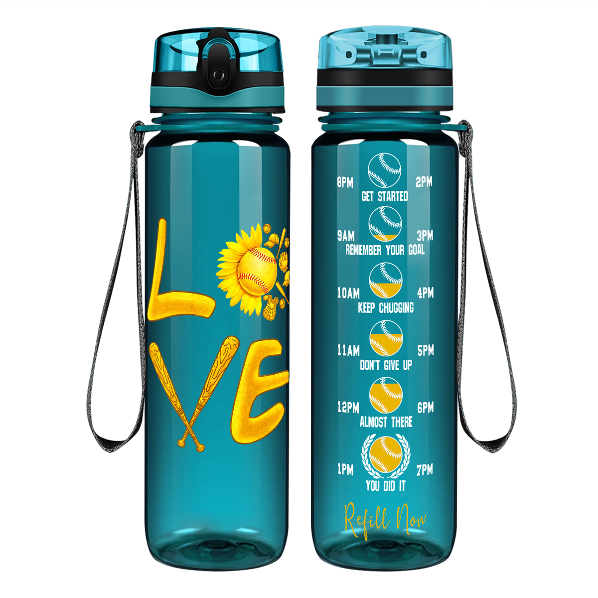 Love Softball Flower on 32 oz Motivational Tracking Water Bottle