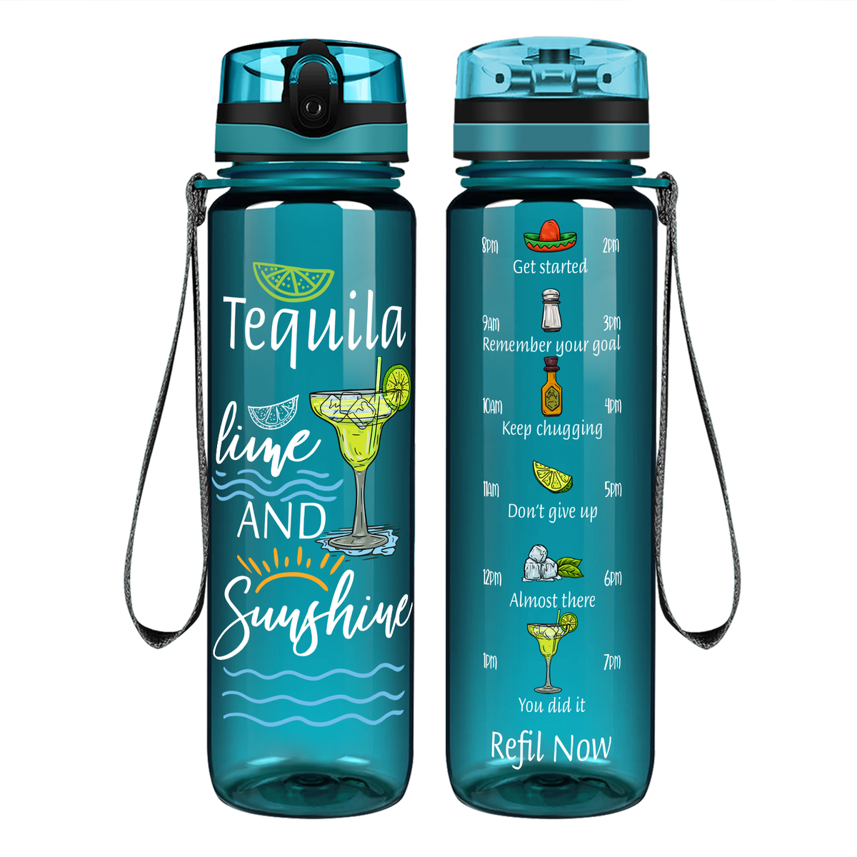 Tequila Lime and Sunshine on 32 oz Motivational Tracking Water Bottle