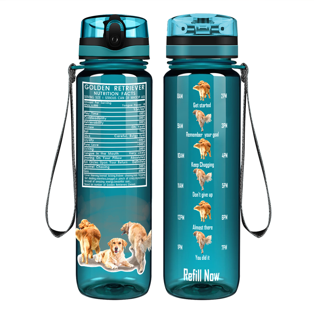 Golden Retriever Nutrition Facts on 32 oz Motivational Tracking Water Bottle