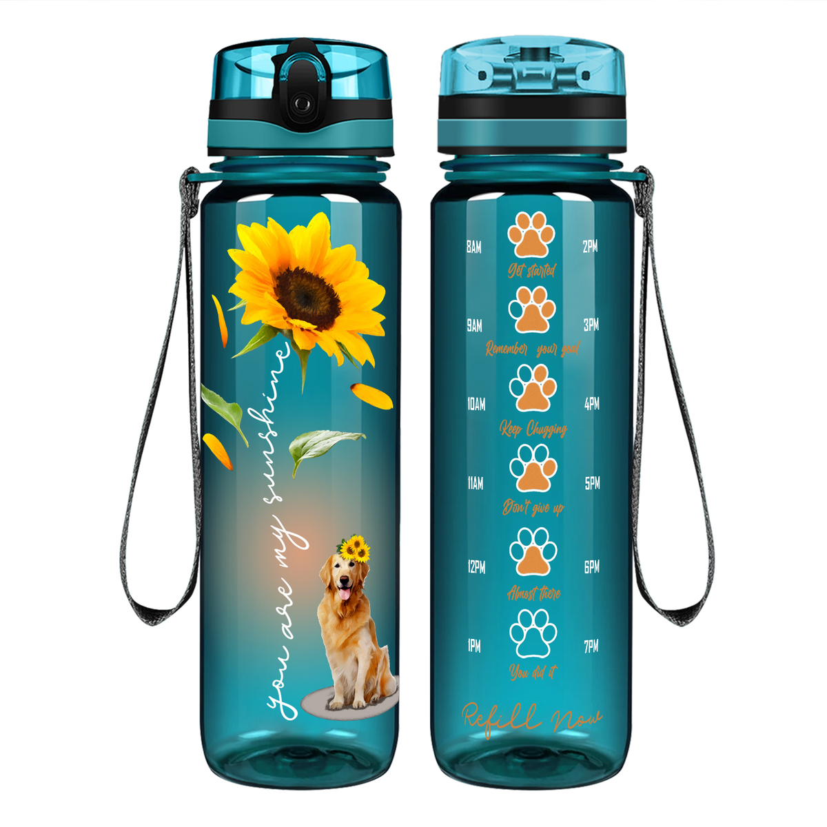 You Are My Sunshine Golden Retriever Sunflower on 32 oz Motivational Tracking Water Bottle