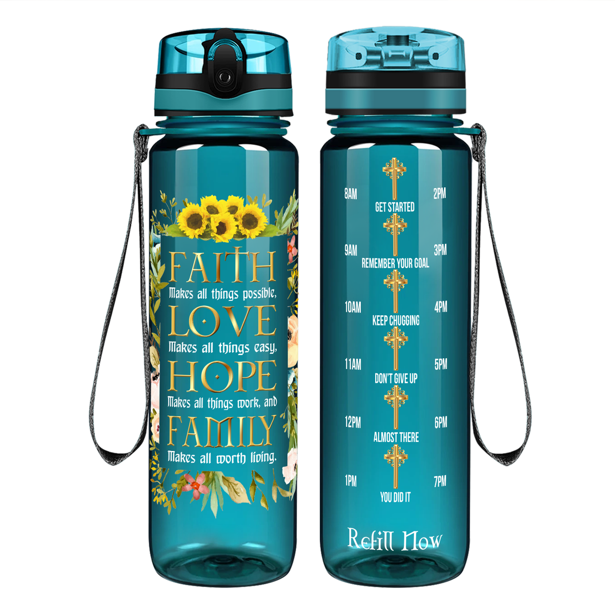 Faith Love Hope Family on 32 oz Motivational Tracking Water Bottle