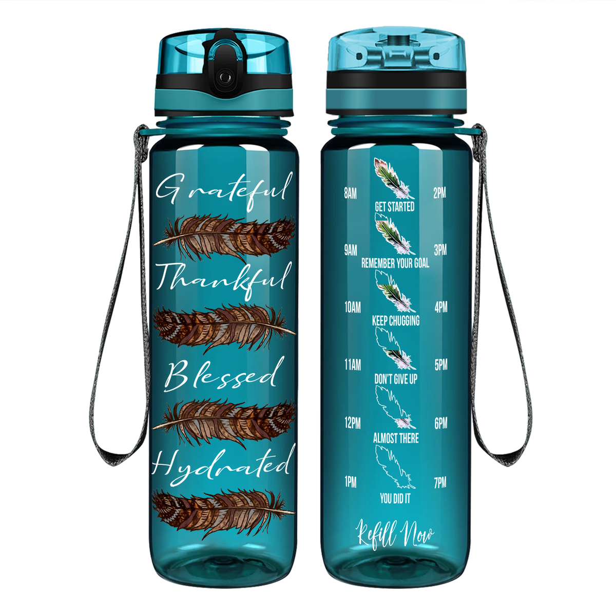 Grateful Thankful Blessed Hydrated with Feathers on 32 oz Motivational Tracking Water Bottle