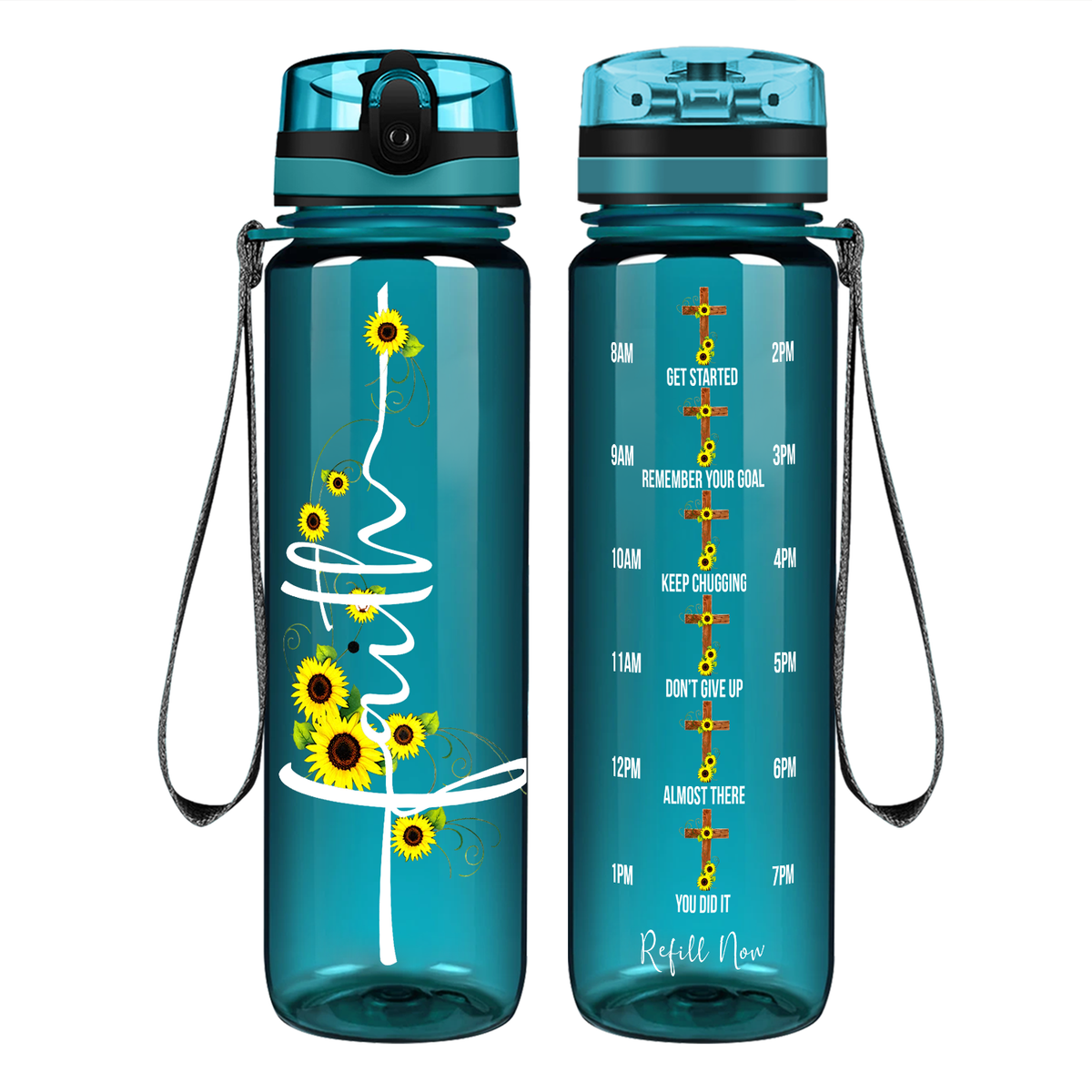 Faith Sunflowers on 32 oz Motivational Tracking Water Bottle