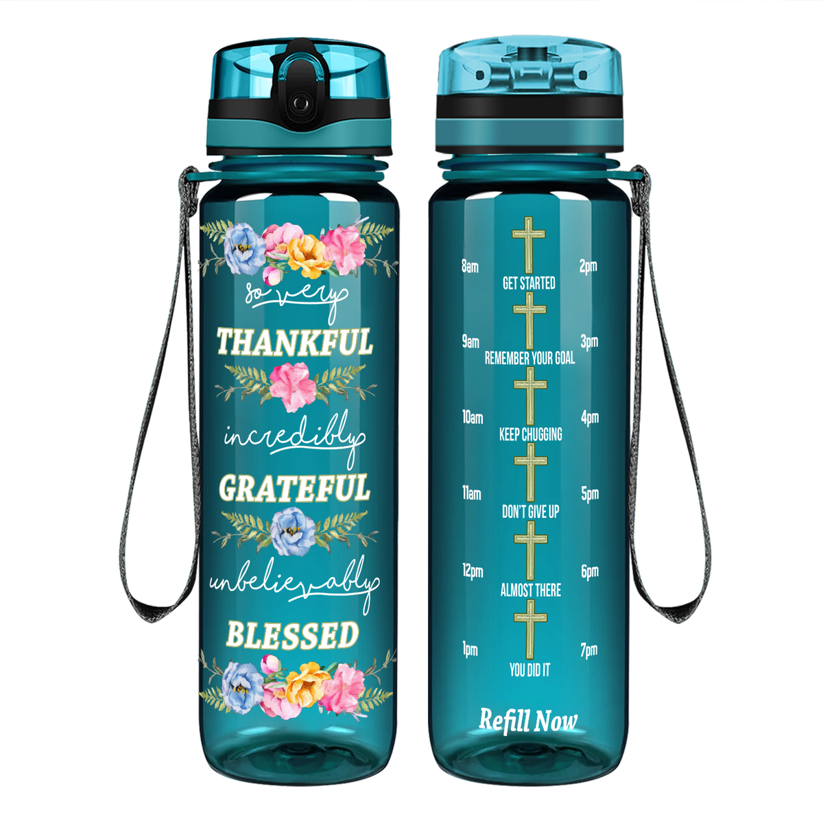 Thankful Grateful Blessed on 32 oz Motivational Tracking Water Bottle