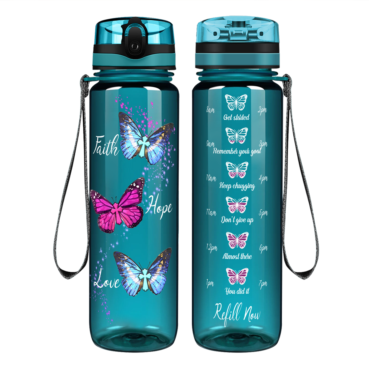 Faith Hope Love Butterflies on 32 oz Motivational Tracking Water Bottle