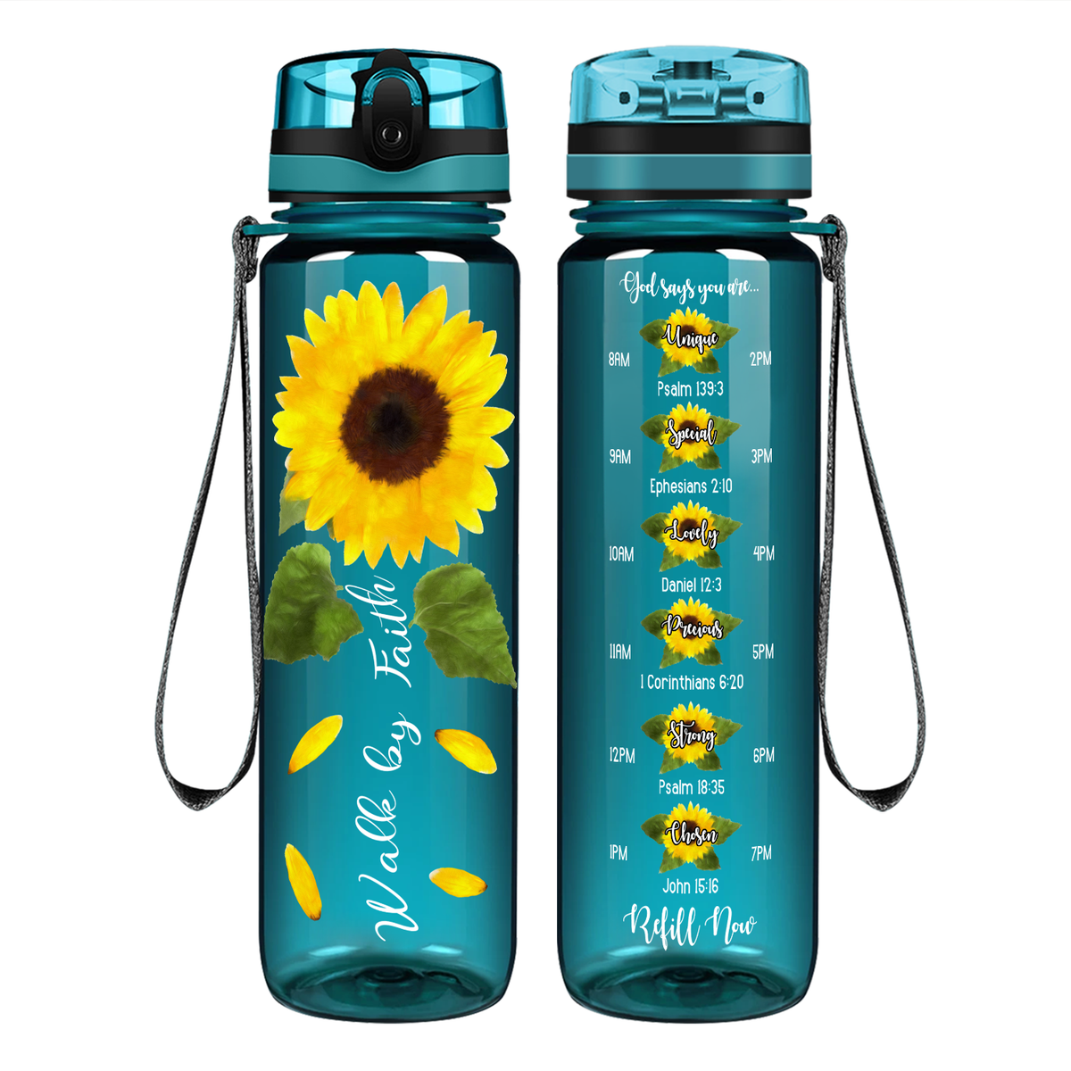 Walk By Faith Sunflower on 32 oz Motivational Tracking Water Bottle