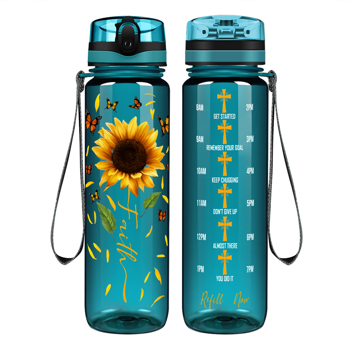 Faith Sunflowers Butterflies on 32 oz Motivational Tracking Water Bottle