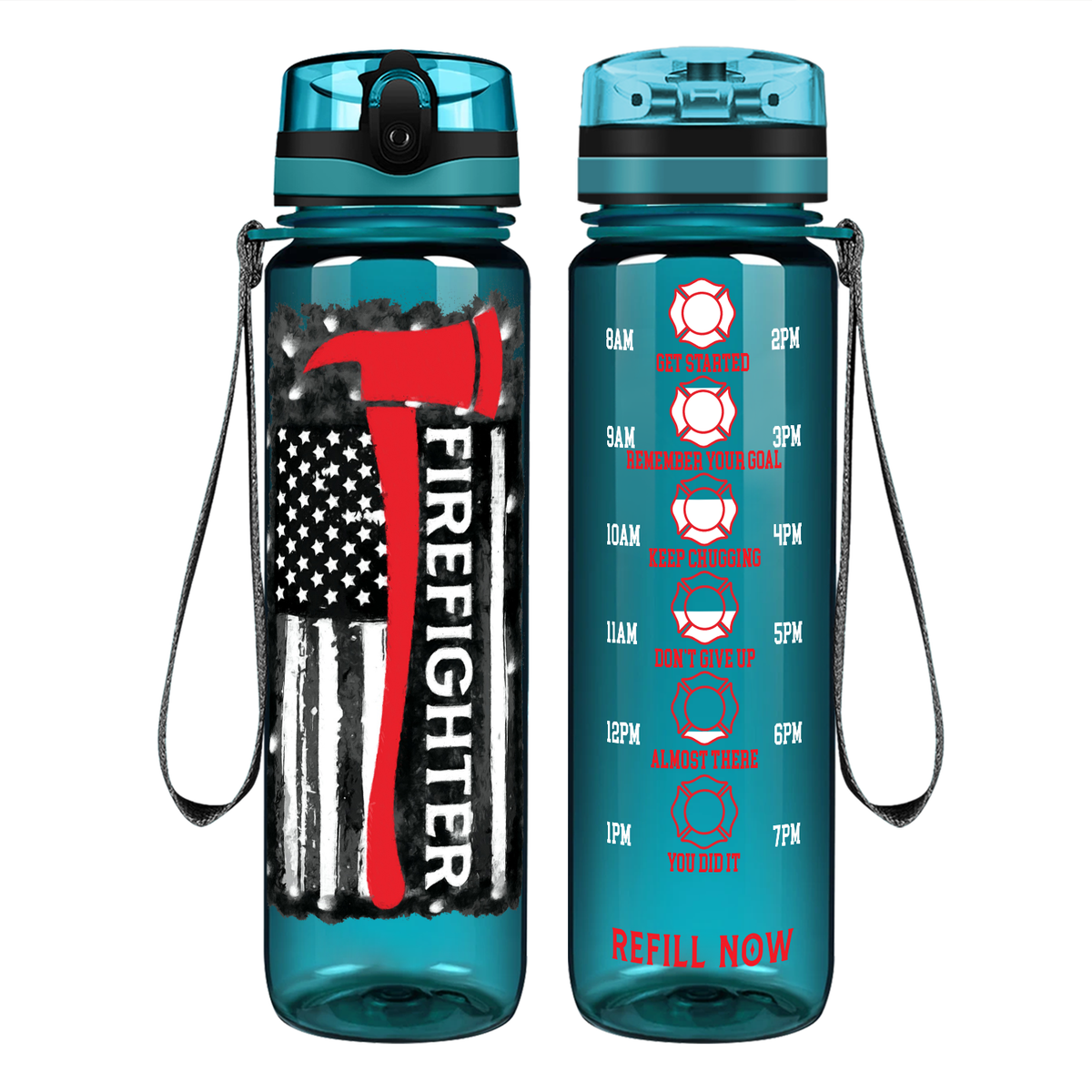 Firefighter Axe Distressed Flag on 32 oz Motivational Tracking Water Bottle