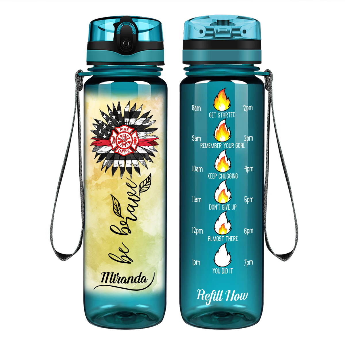 Personalized Firefigher Be Brave on 32 oz Motivational Tracking Water Bottle