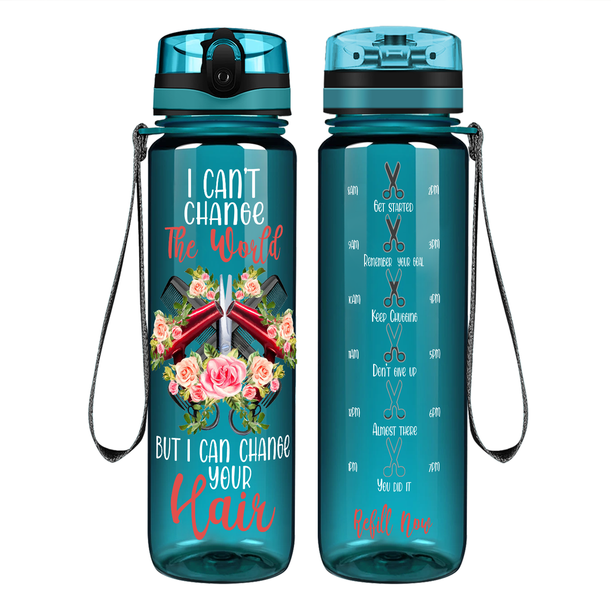 I Can't Change The World But I Can Change Your Hair on 32 oz Motivational Tracking Water Bottle