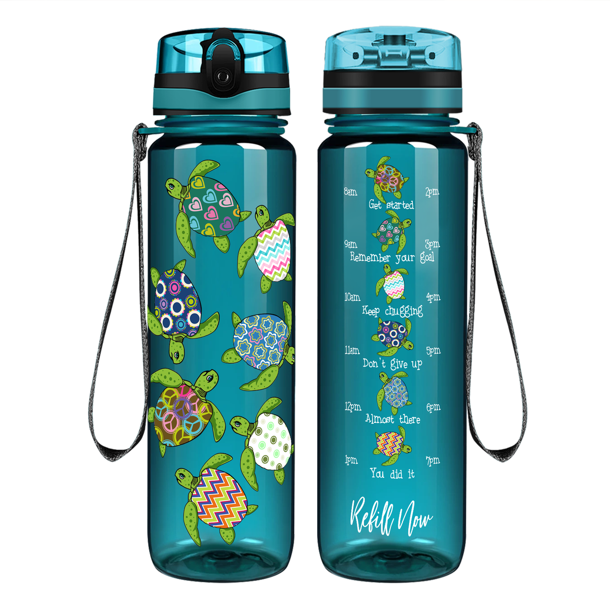 Colorful Turtles on 32 oz Motivational Tracking Water Bottle