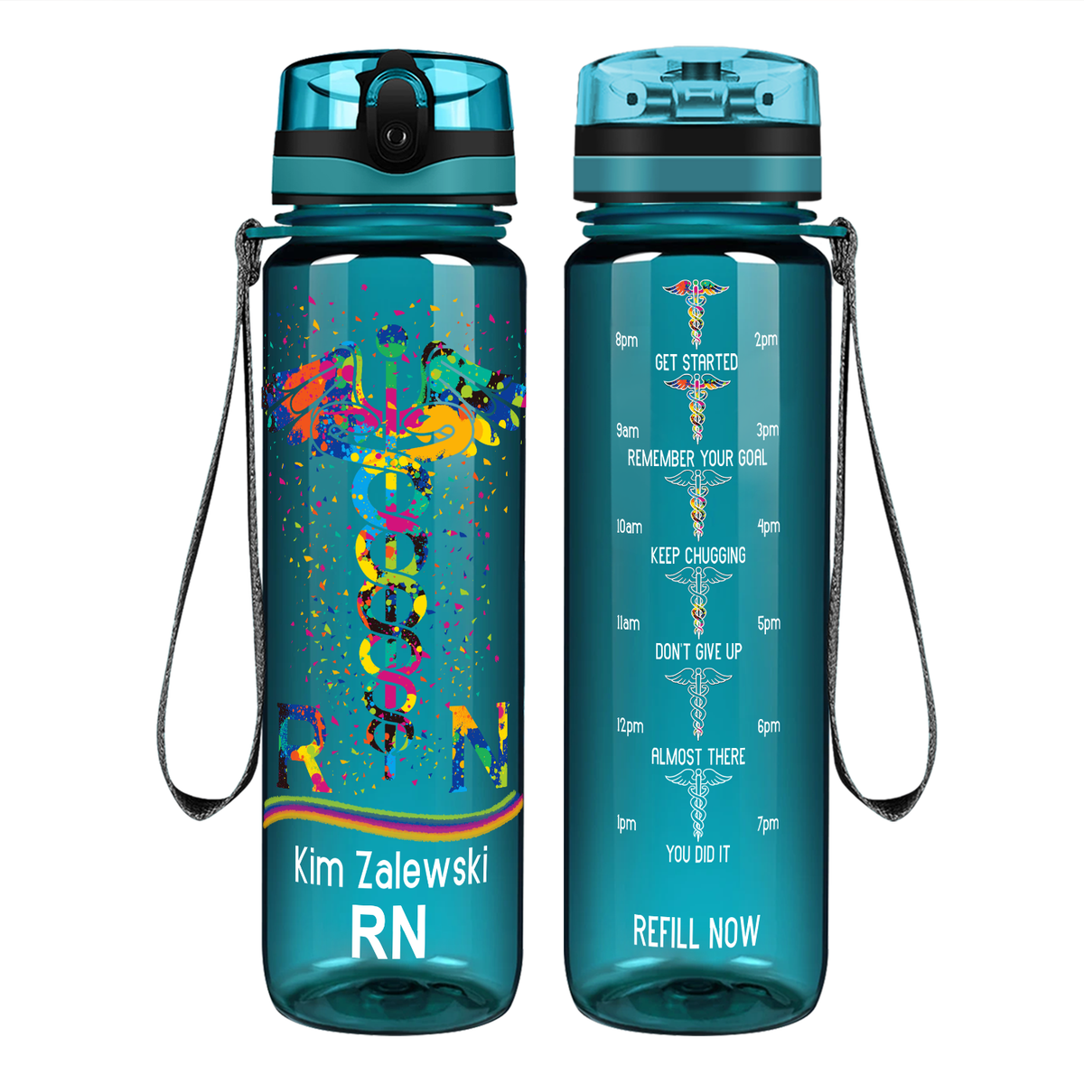 Personalized RN Caduceus Rainbow on 32oz Motivational Nurse Water Bottle