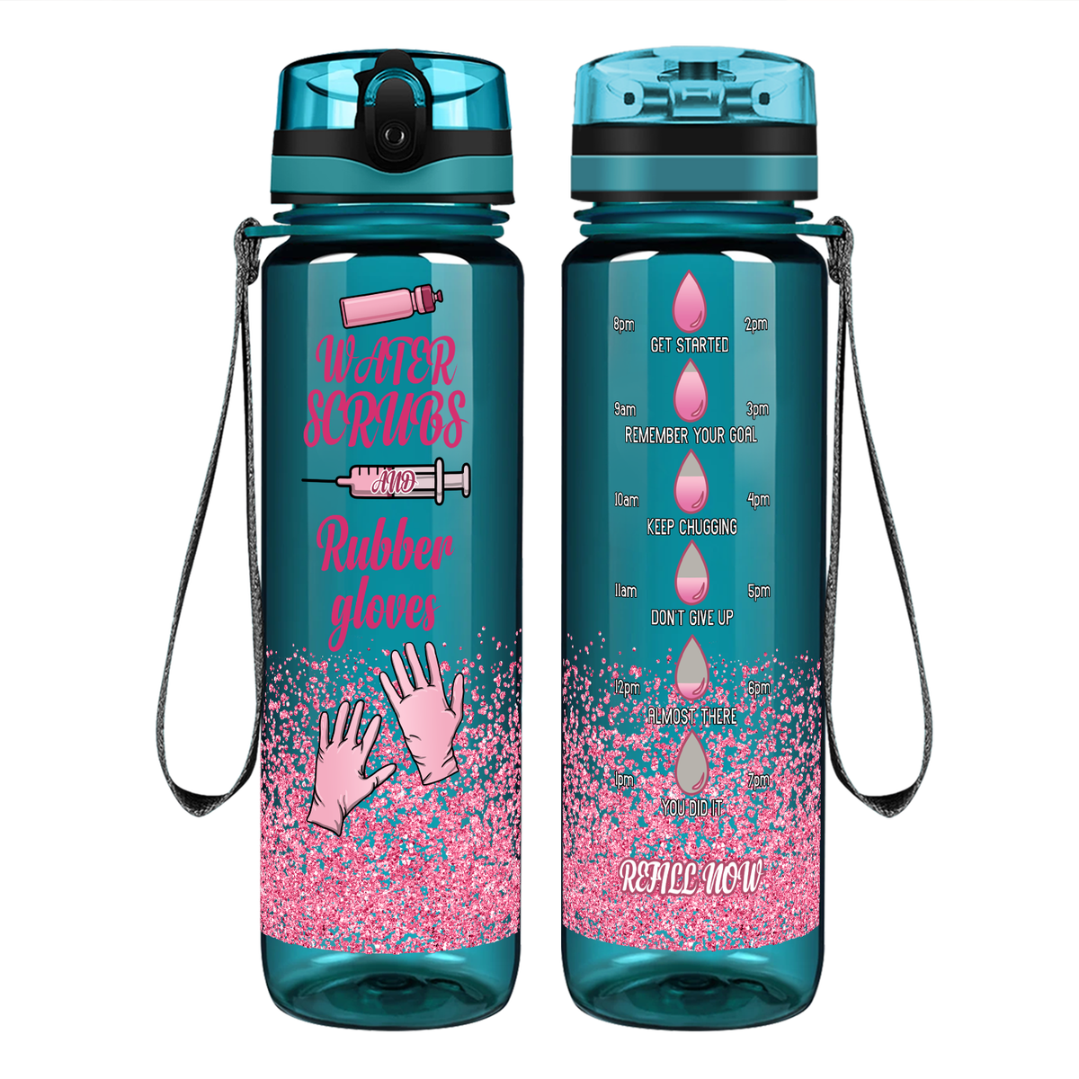 Pink Water Scrubs and Rubber Gloves on 32oz Motivational Tracking Nurse Water Bottle