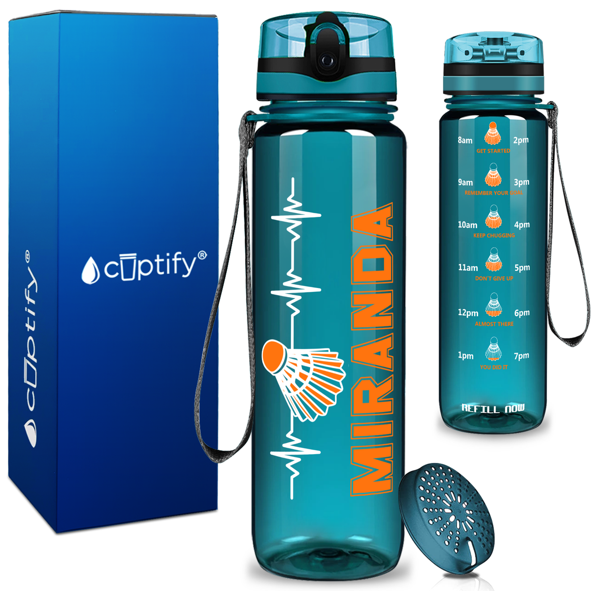 Personalized Badminton Heartbeat on 32 oz Motivational Tracking Water Bottle