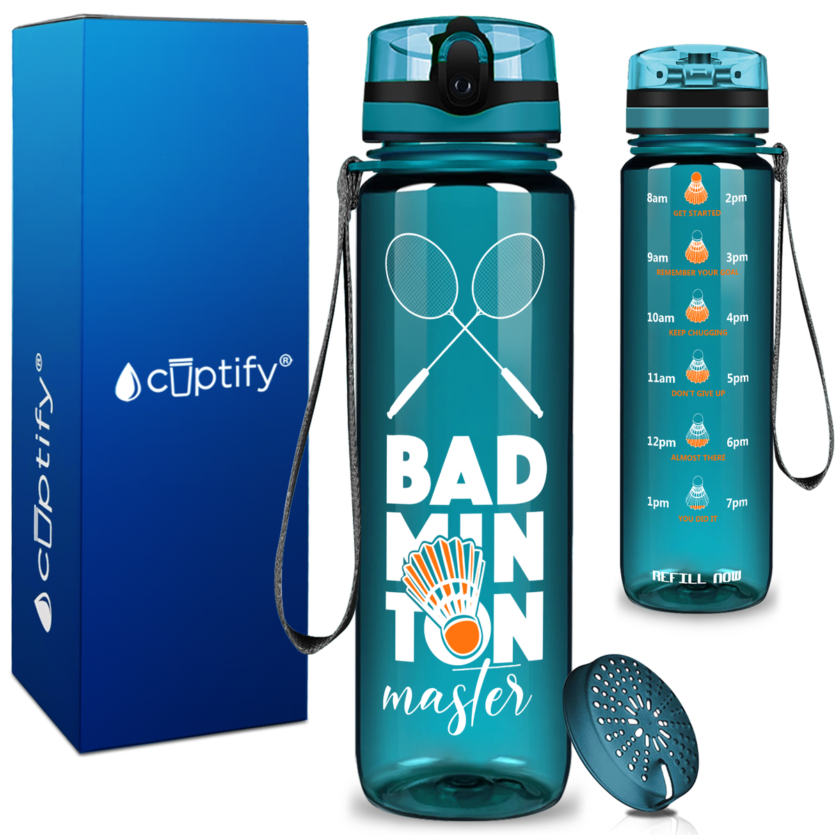 Personalized Badminton Master on 32 oz Motivational Tracking Water Bottle