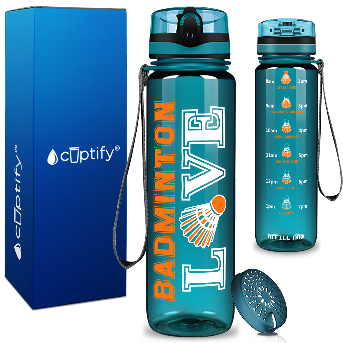 Love Badminton on 32 oz Motivational Tracking Water Bottle