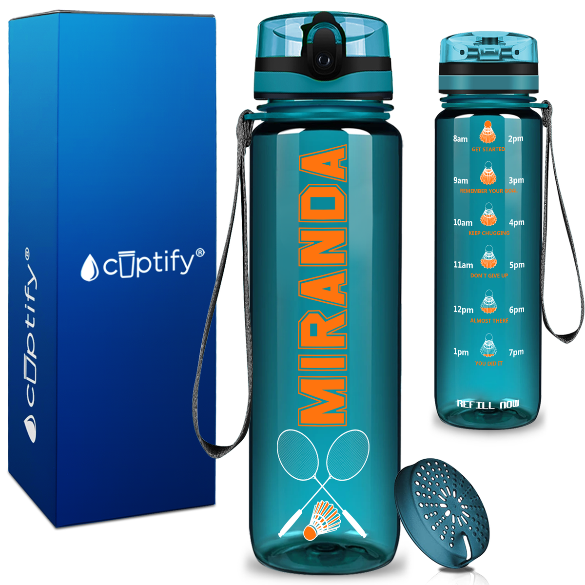 Personalized Badminton Rackets and Shuttlecock on 32 oz Motivational Tracking Water Bottle