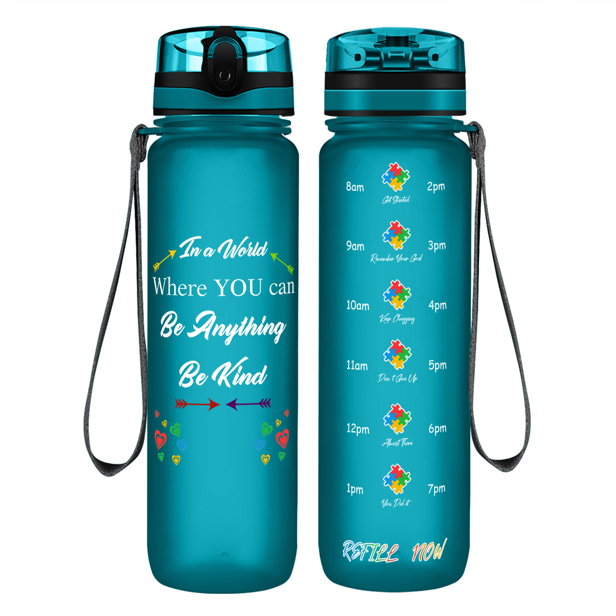 In a World Where You Can Be Anything Be Kind on 32 oz Motivational Tracking Water Bottle