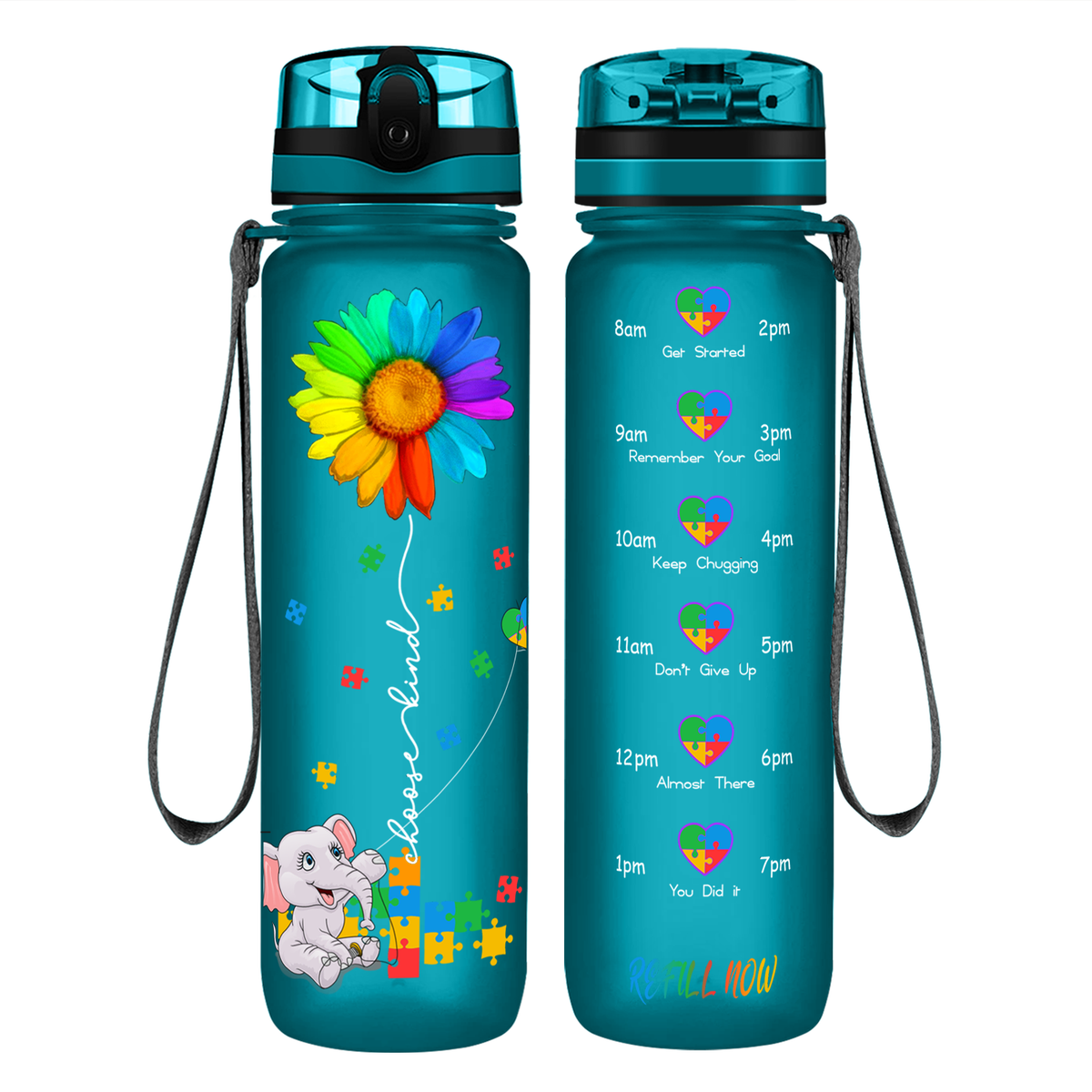 Autism Elephant Kindness Kite on 32 oz Motivational Tracking Water Bottle