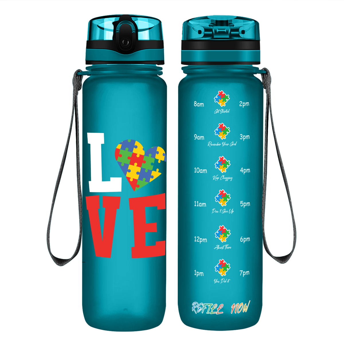 Autism Love on 32 oz Motivational Tracking Water Bottle