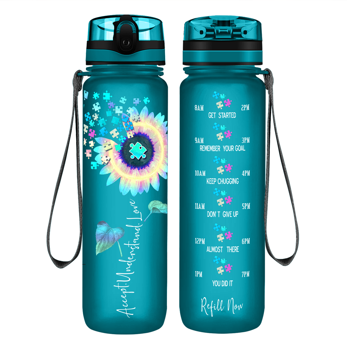 Accept Understand Love Autism Sunflower 32 oz Motivational Tracking Water Bottle