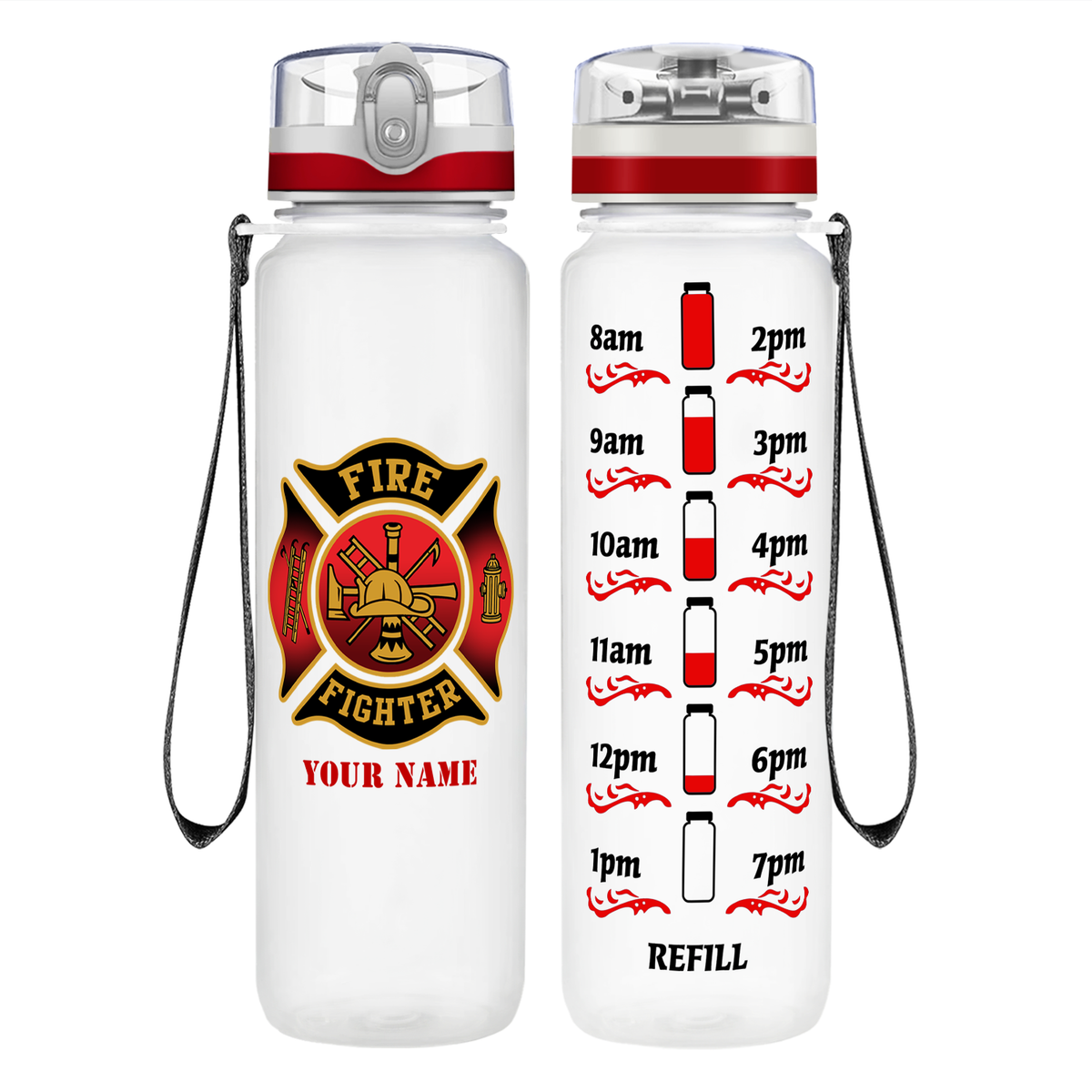 Personalized Black Red Fire Department Badge on 32 oz Motivational Tracking Water Bottle