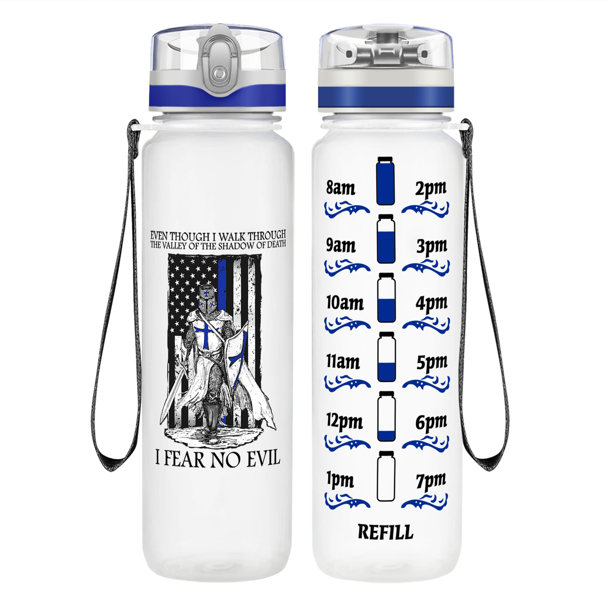 Thin Blue Line Police Knight on 32 oz Motivational Tracking Water Bottle